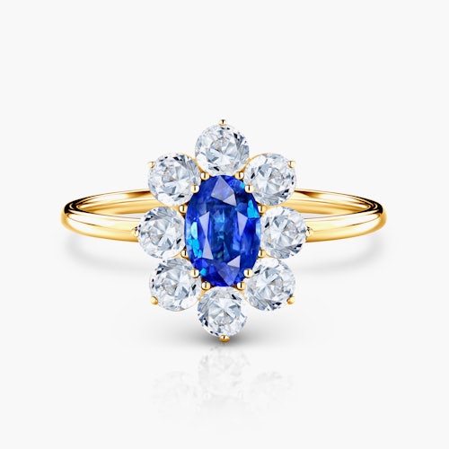 Pierścionek zaręczynowy SAVICKI: złoty, niebieski szafir, białe szafiry